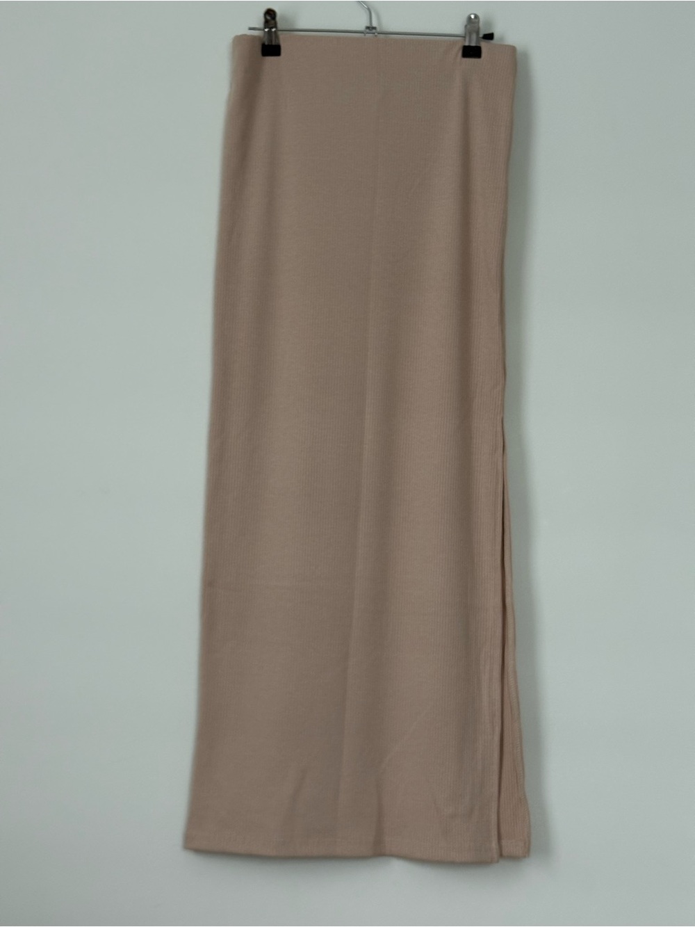No Comment Beige Ribbed Maxi Skirt Side Slit Size M NWT